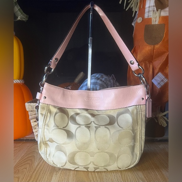 Coach Handbags - Coach Zoe Signature Brown Canvas Pink Leather Trim Hobo Shoulder Bag